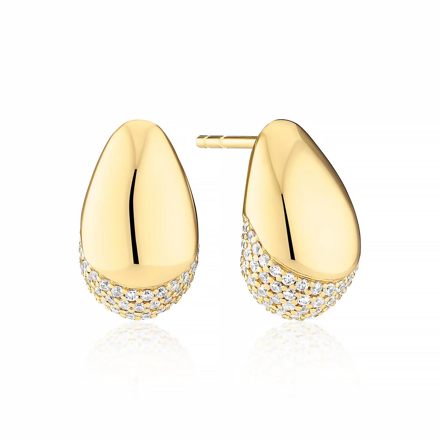 A pair of curved gold stud earrings with bevel in the centre and CZ stones at the base