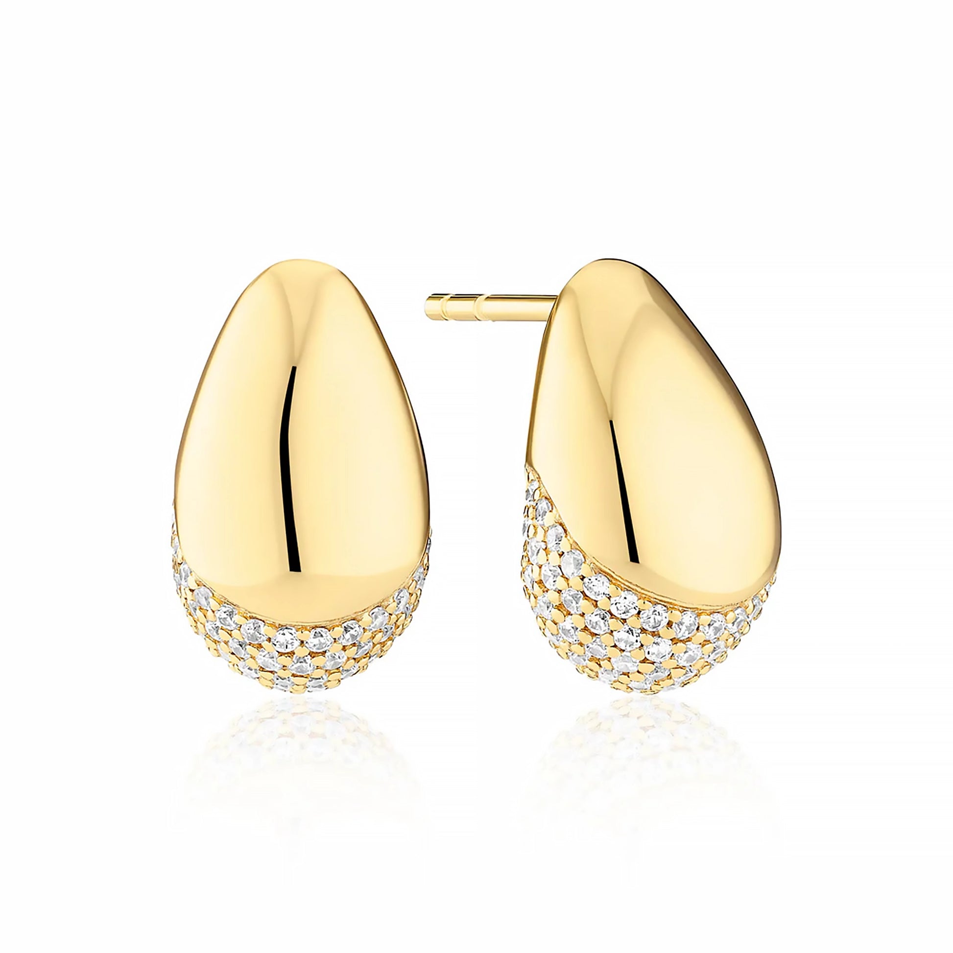 A pair of curved gold stud earrings with bevel in the centre and CZ stones at the base