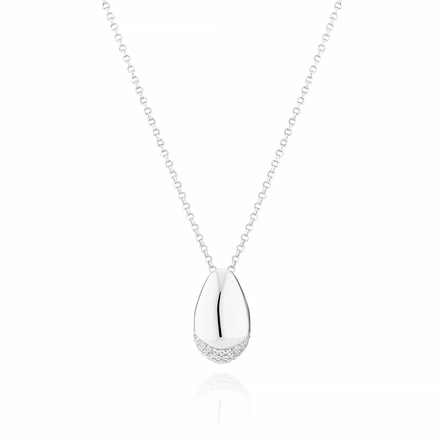 A curved silver pendant with bevel in the centre and CZ stones at the base