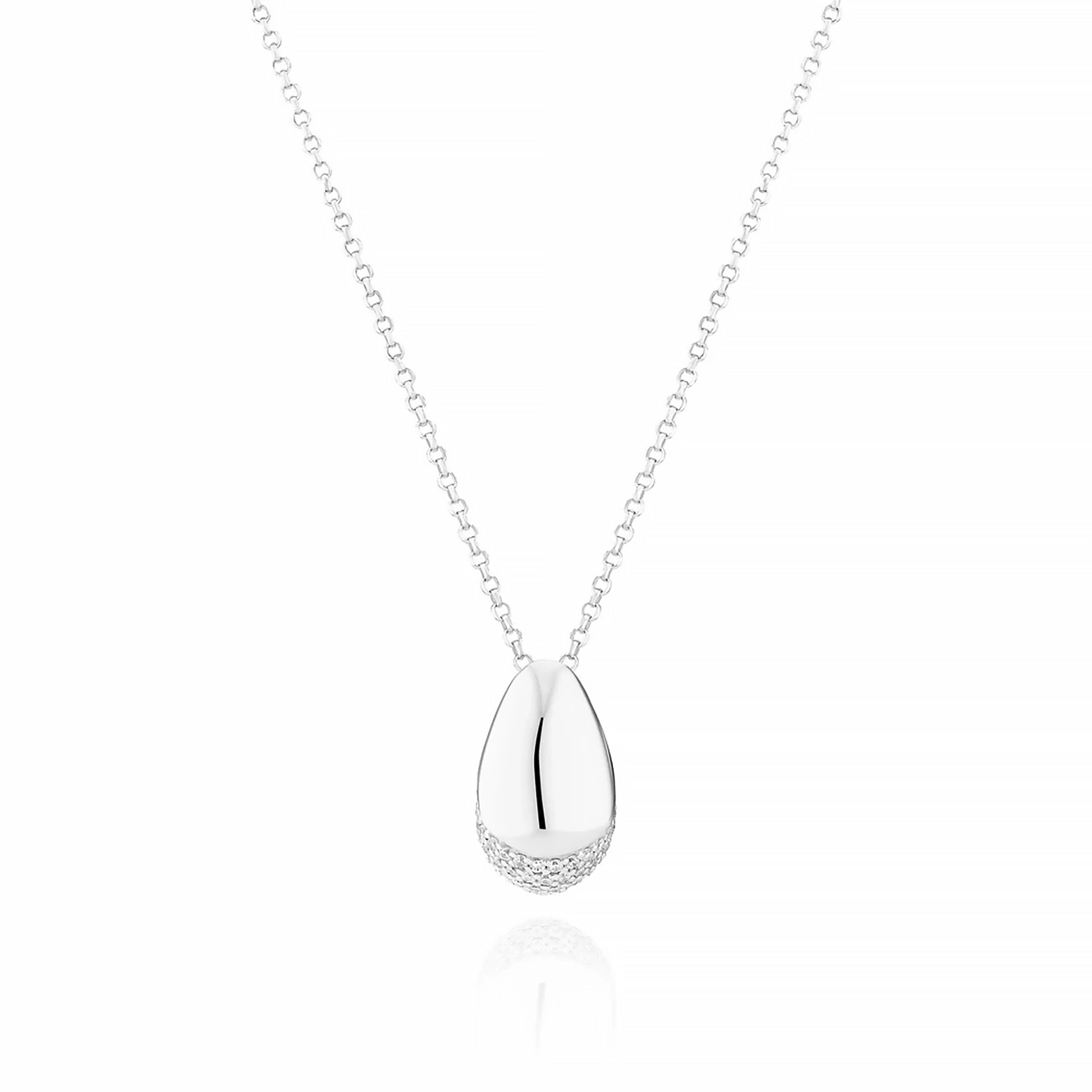 A curved silver pendant with bevel in the centre and CZ stones at the base