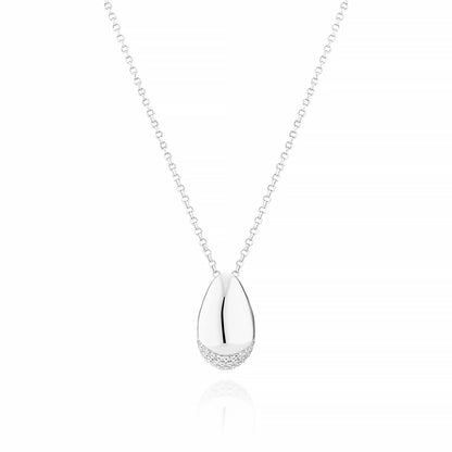 A curved silver pendant with bevel in the centre and CZ stones at the base