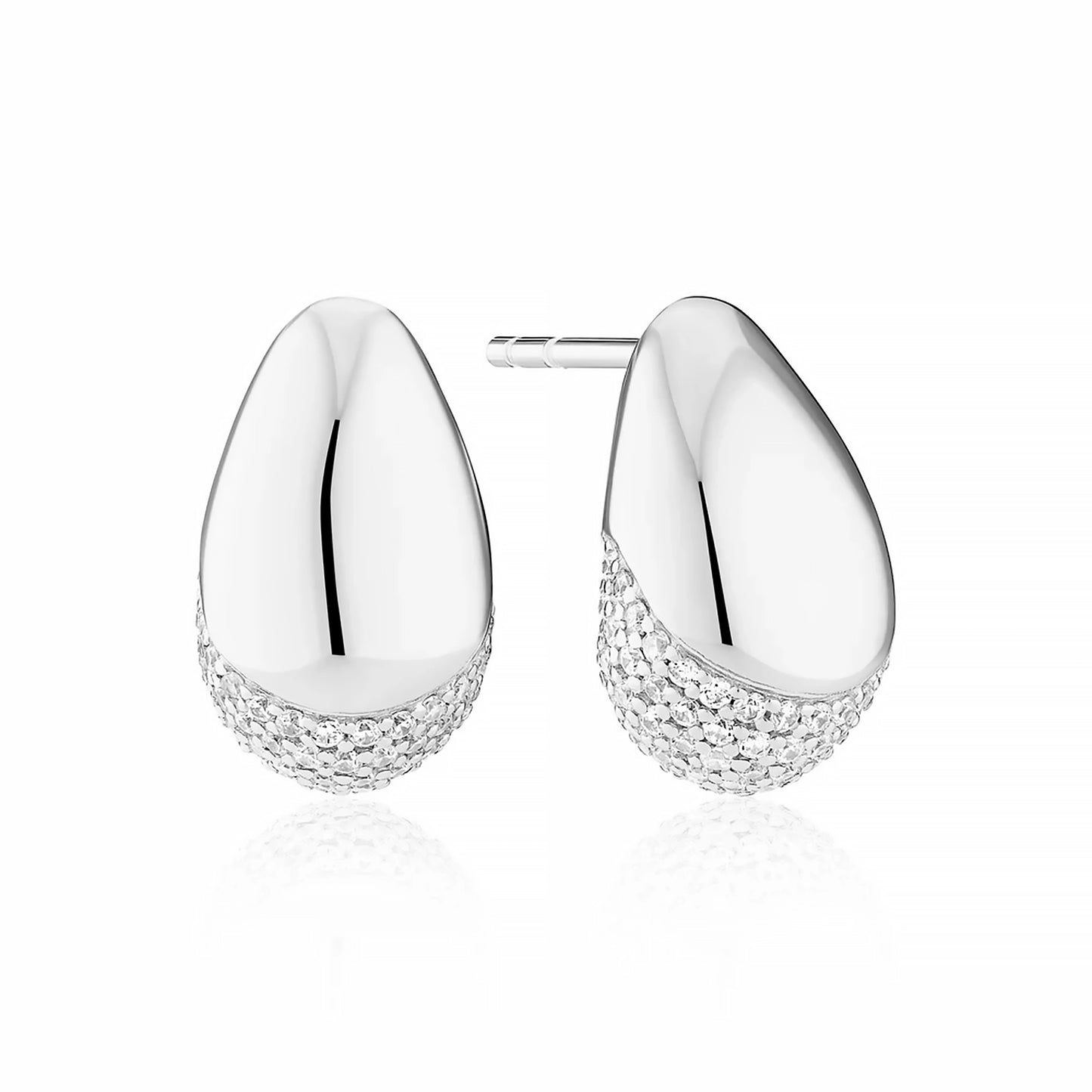 A pair of curved silver stud earrings with bevel in the centre and CZ stones at the base