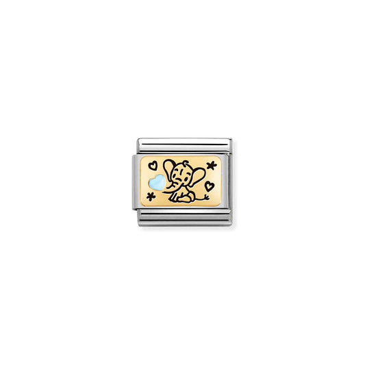 A Nomination link charm featuring a gold plaque little baby elephant holding a light blue heart