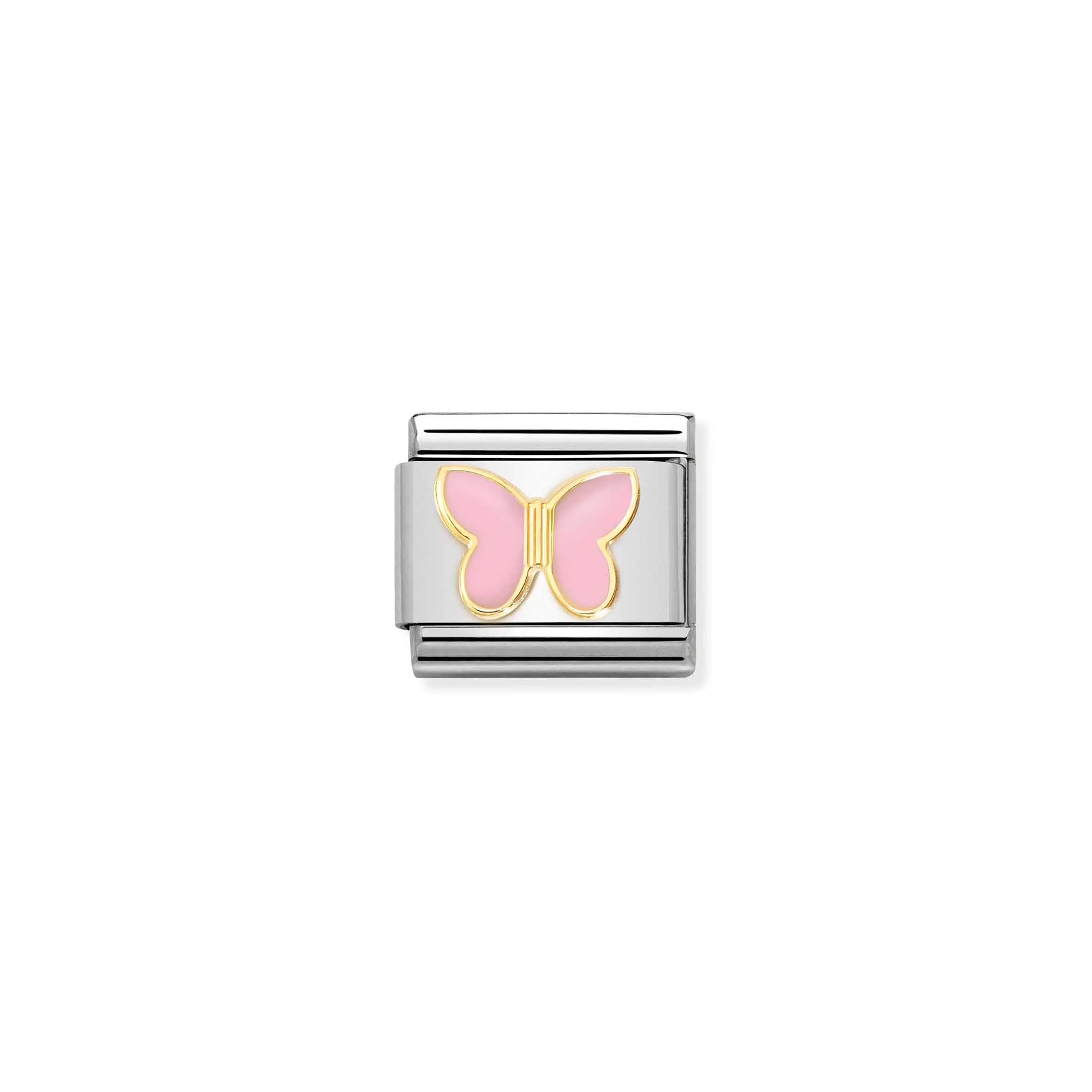 Nomination charm link featuring a gold butterfly with light pink enamel wings
