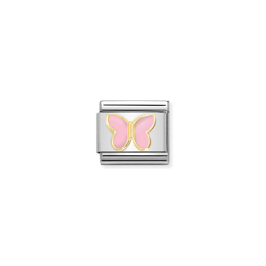 Nomination charm link featuring a gold butterfly with light pink enamel wings
