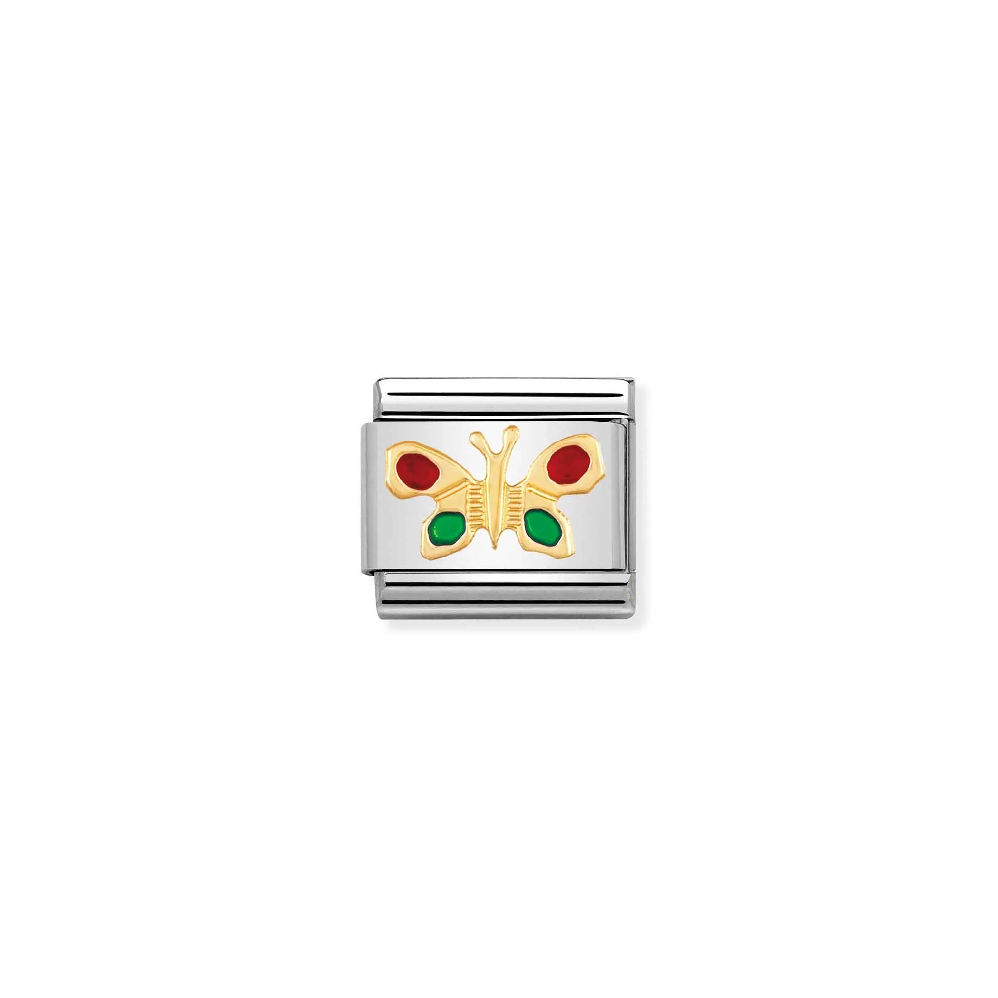 Nomination charm link featuring a gold butterfly with red and green enamel spot wings