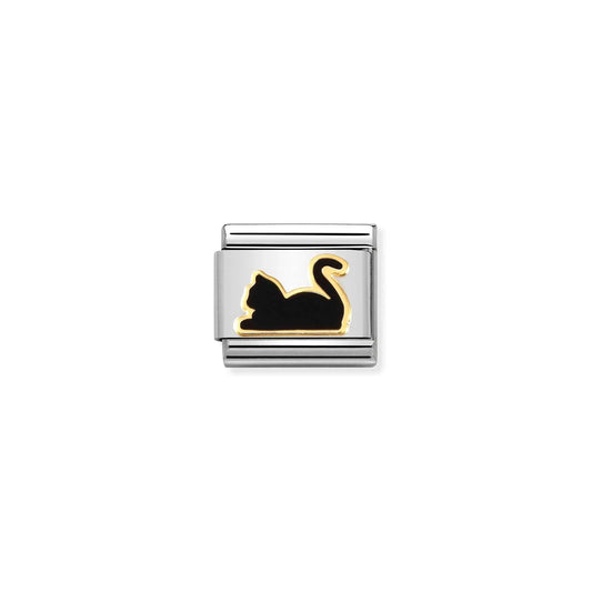 A Nomination link charm featuring a gold lying cat in black enamel