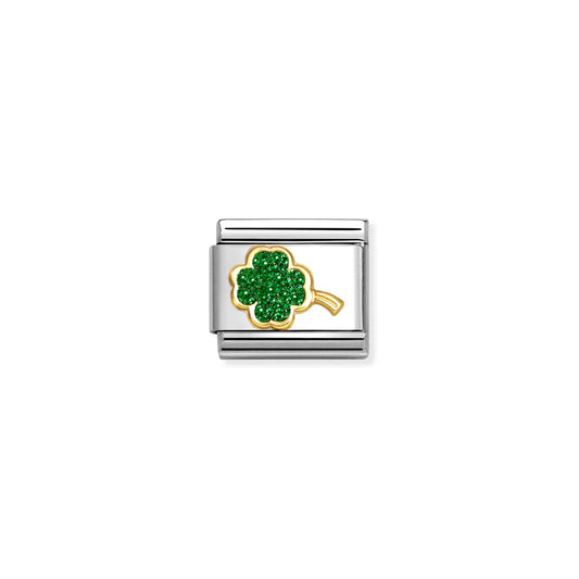 Nomination charm link featuring a gold four leaf clover with green glitter 