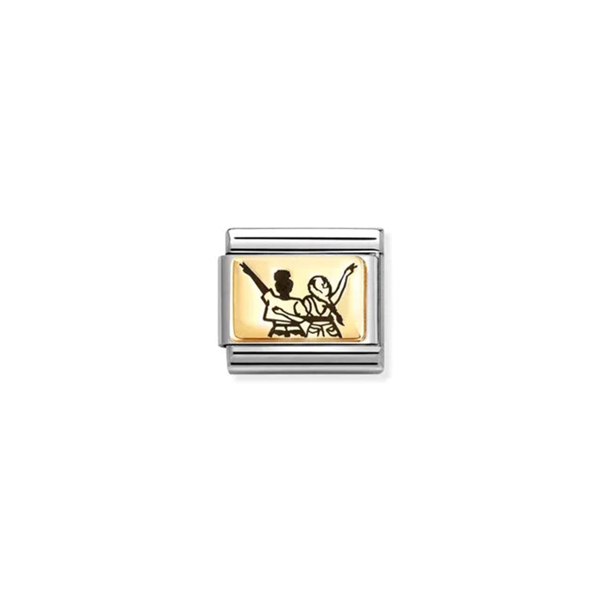 Nomination charm link in 18k yellow gold with black enamel engraved friends with hands up