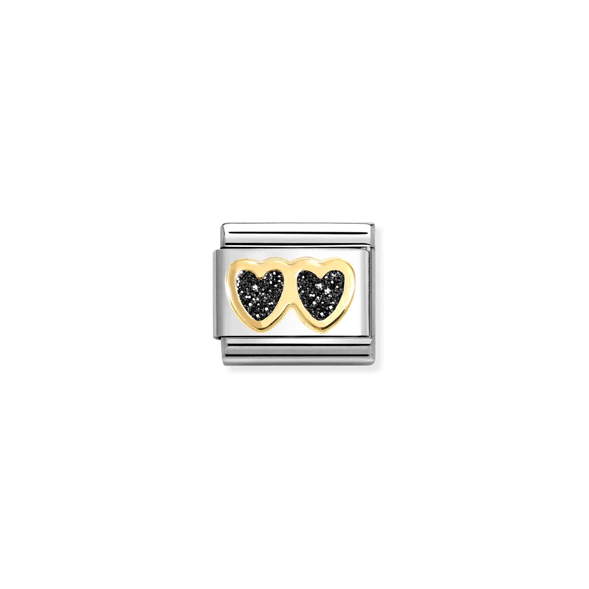 A Nomination link charm featuring gold double hearts in black glitter