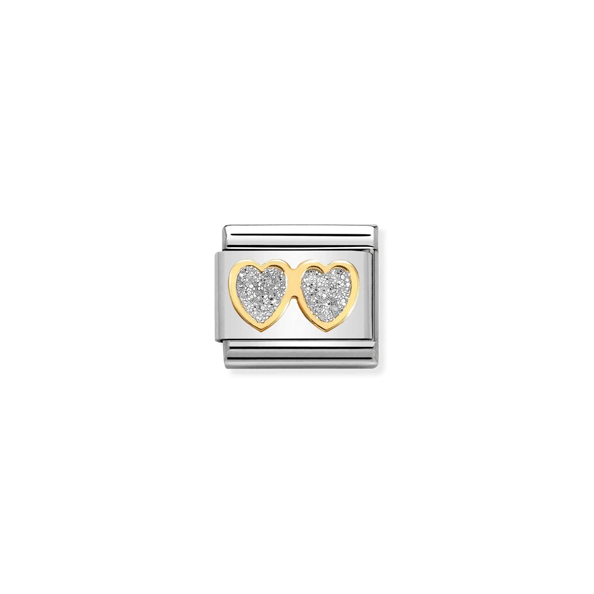 A Nomination charm link featuring two gold hearts with silver glitter centres