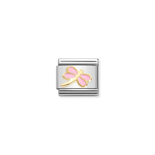 A Nomination charm link featuring a gold dragonfly with light pink enamel wings