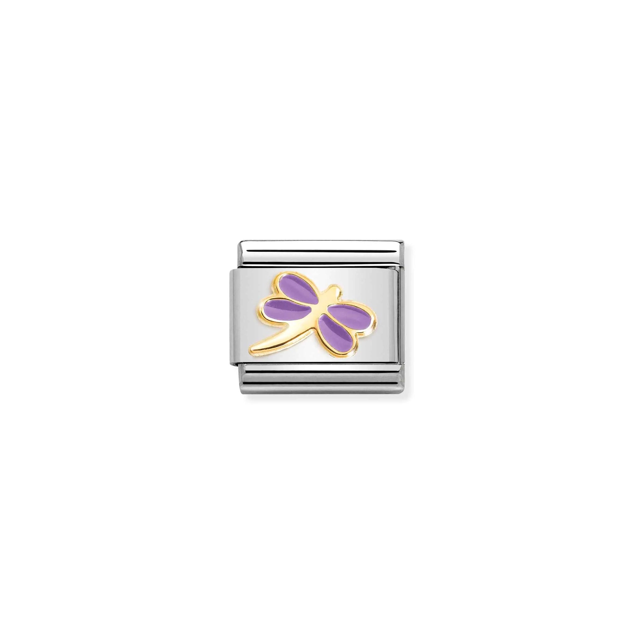 A Nomination charm featuring a gold dragonfly with purple enamel wings