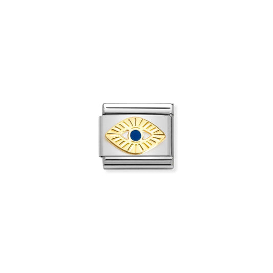 A Nomination charm featuring a gold eye with a blue enamel iris centre