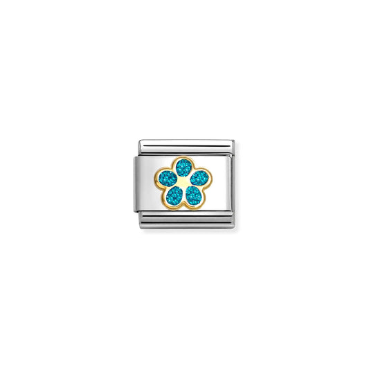 A Nomination charm link featuring a gold flower with blue glitter petals