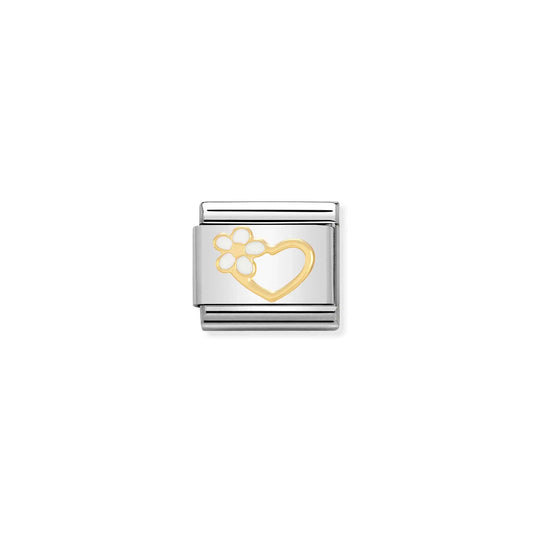 A Nomination charm link featuring a gold heart outline with white enamel flower