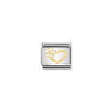 A Nomination charm link featuring a gold heart outline with white enamel flower