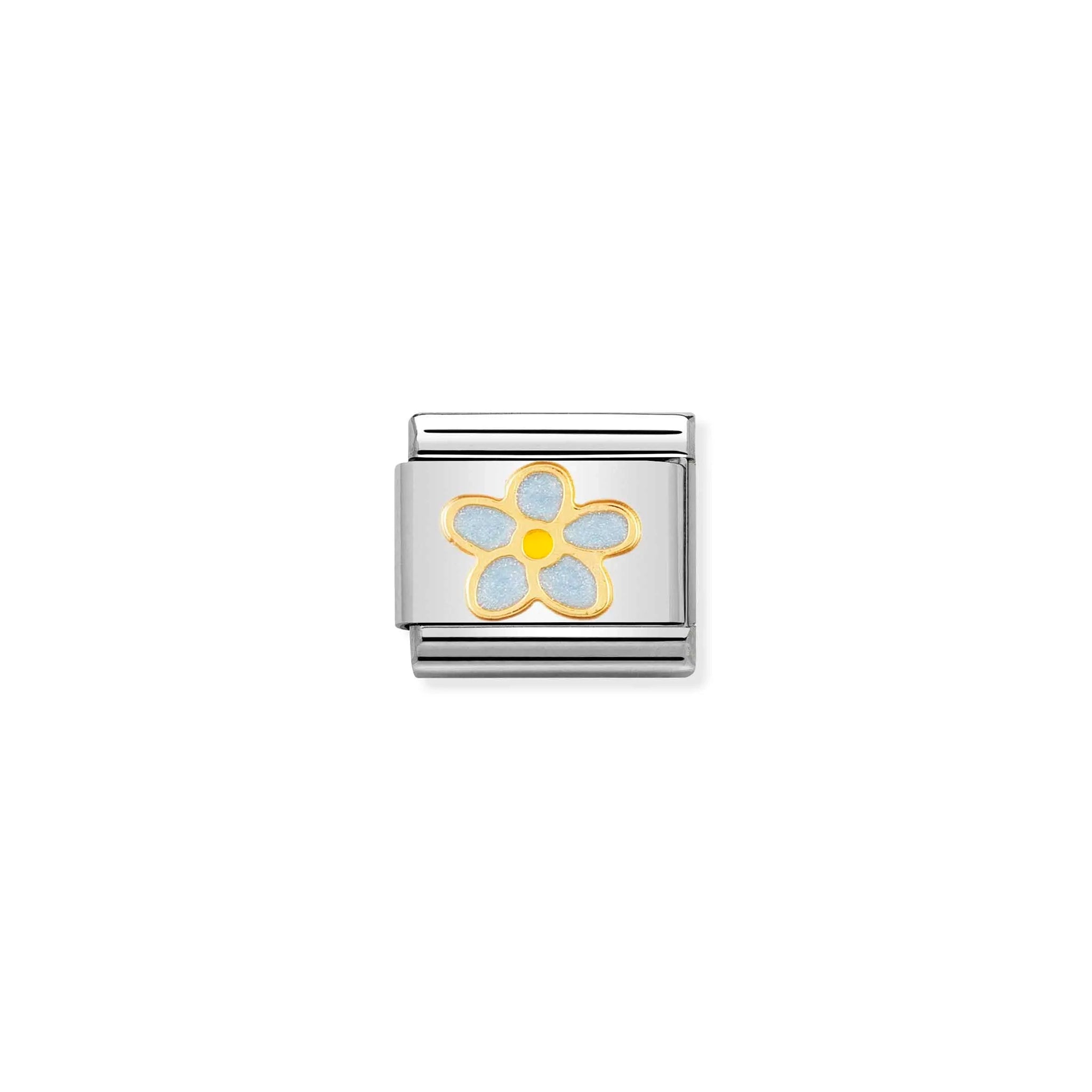 A Nomination link charm featuring a gold flower with light blue enamel petals and yellow centre