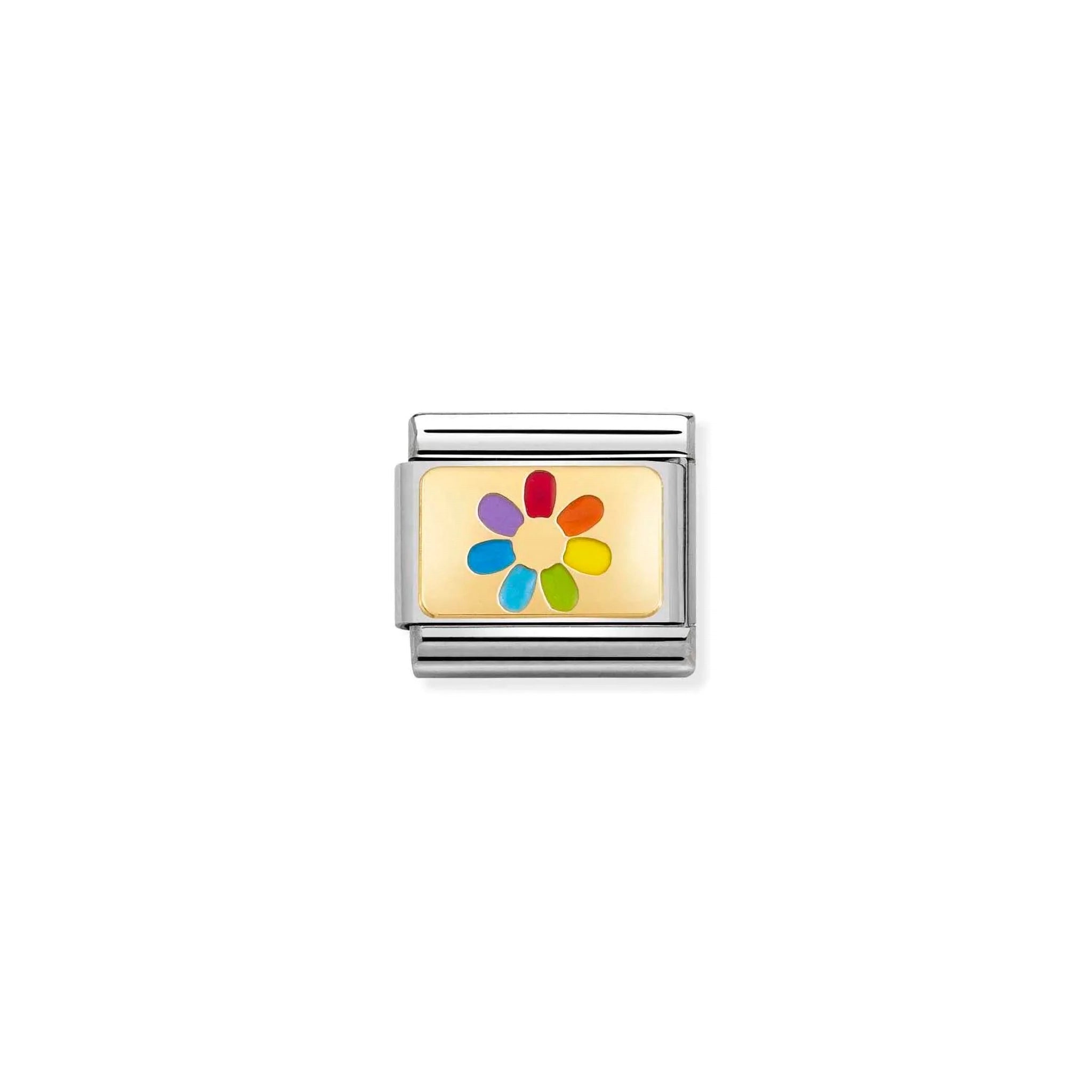 A Nomination charm link featuring a gold plaque with a rainbow enamel flower design