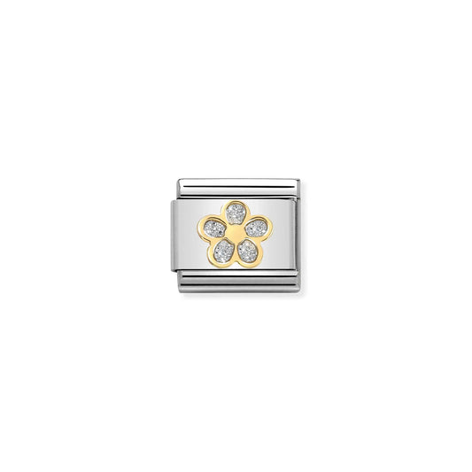Nomination charm link featuring a gold flower with silver glitter petals