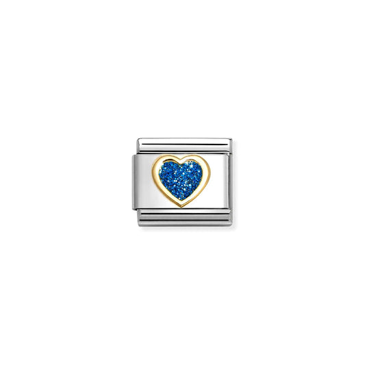 A Nomination link charm featuring a gold heart with blue glitter enamel centre