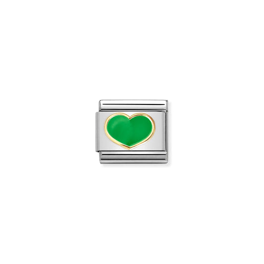 A Nomination charm link featuring a gold heart with bright green enamel
