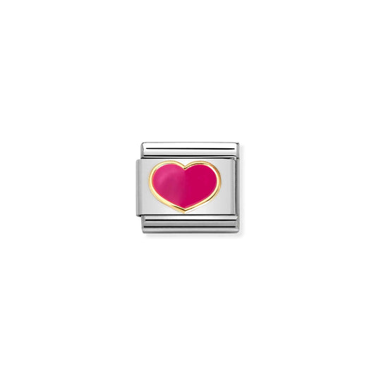 A Nomination charm link featuring a gold heart with bright pink enamel