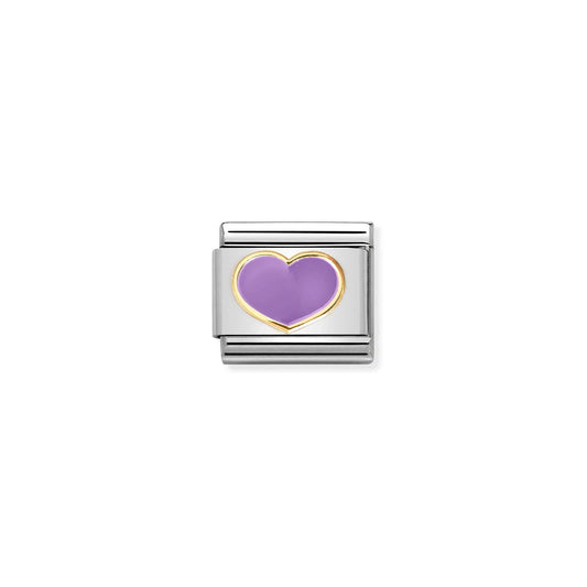 A Nomination charm link featuring a gold heart with purple enamel