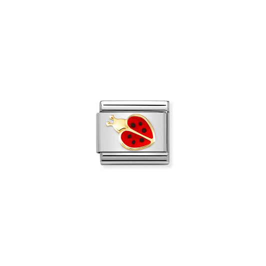 A Nomination charm link featuring a gold ladybird design with heart shaped wings in red enamel with black spots