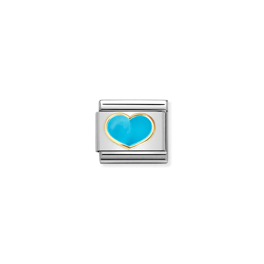 A Nomination charm link featuring a gold heart with turquoise blue enamel centre