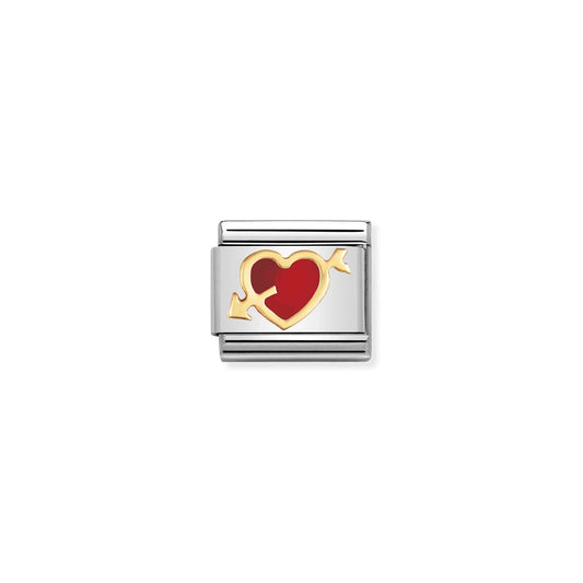 A Nomination charm link featuring a red enamel heart with a gold arrow through it