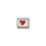 A Nomination charm link featuring a red enamel heart with a gold arrow through it