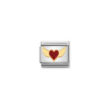A Nomination charm link featuring a gold winged heart with red enamel
