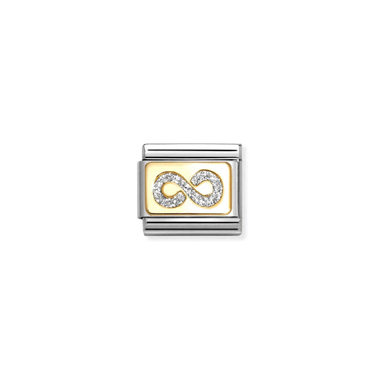 A Nomination charm link with gold plaque and silver glitter infinity symbol