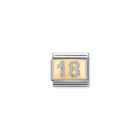 A Nomination charm link featuring a gold plaque with silver glitter number 18