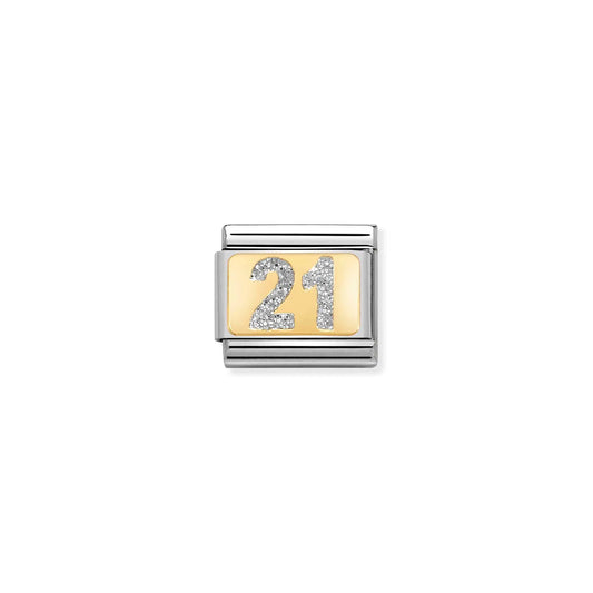 A Nomination charm link featuring a gold plaque with a silver glitter number age 21