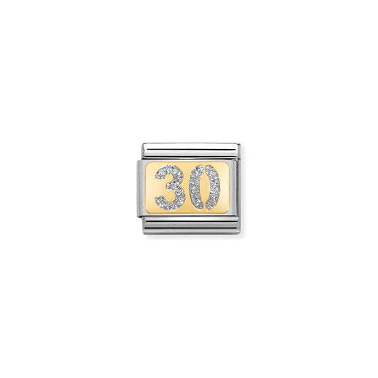 A Nomination charm link featuring a gold plaque with a silver glitter number 30