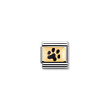 A Nomination link charm featuring a gold plaque with a black enamel pawprint design