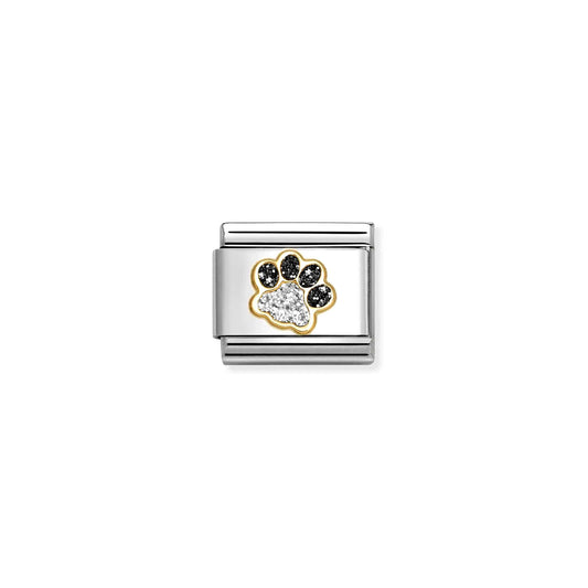 A Nomination charm featuring a gold paw print with silver and black glitter