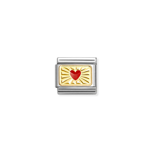 Nomination charm link featuring a gold plaque with diamond texture and a red enamel heart in the centre