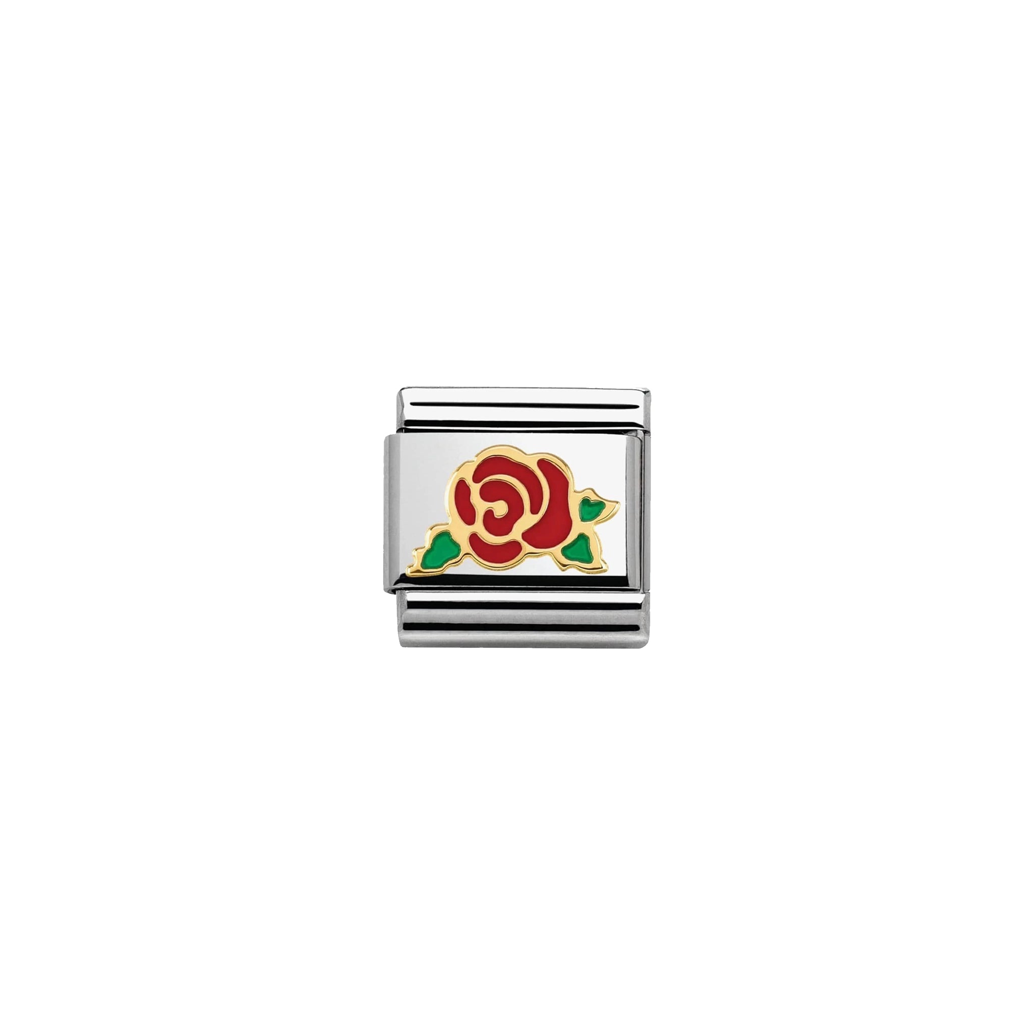 A Nomination charm link featuring a gold rose with red enamel and green leaves