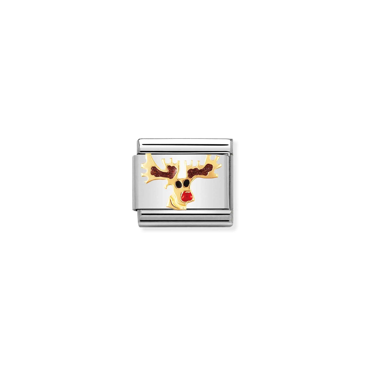 A Nomination charm link featuring a gold Rhudolph reindeer with enamel brown antlers and red nose