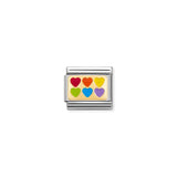 A Nomination charm link featuring a gold plaque with two rows of multicolour rainbow enamel hearts
