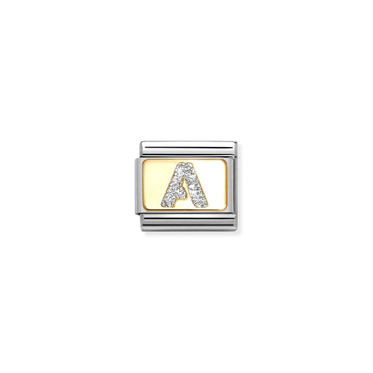 Nomination charm link featuring a gold plaque with a silver glitter A