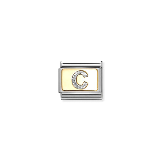 Nomination charm link featuring a gold plaque with a silver glitter letter C
