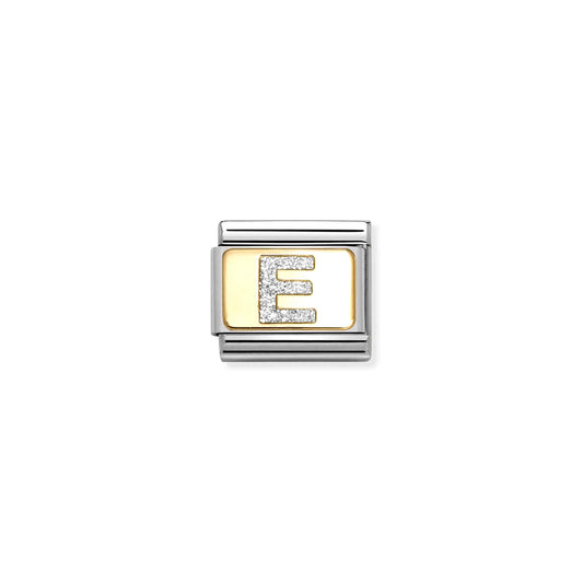 Nomination charm link featuring a gold plaque with a silver glitter letter E