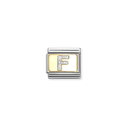 Nomination charm link featuring a gold plaque with a silver glitter letter F