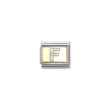 Nomination charm link featuring a gold plaque with a silver glitter letter F