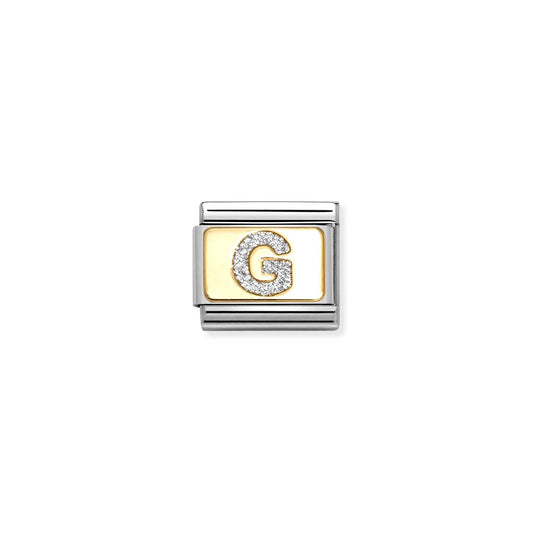 Nomination charm link featuring a gold plaque with a silver glitter letter G