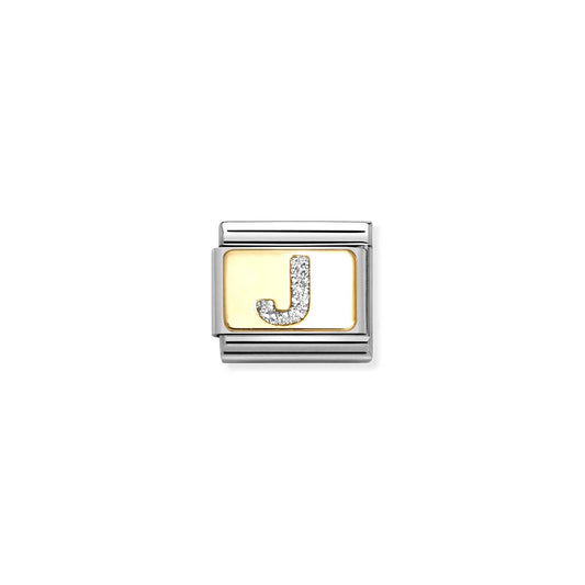 Nomination charm link featuring a gold plaque with a silver glitter letter J